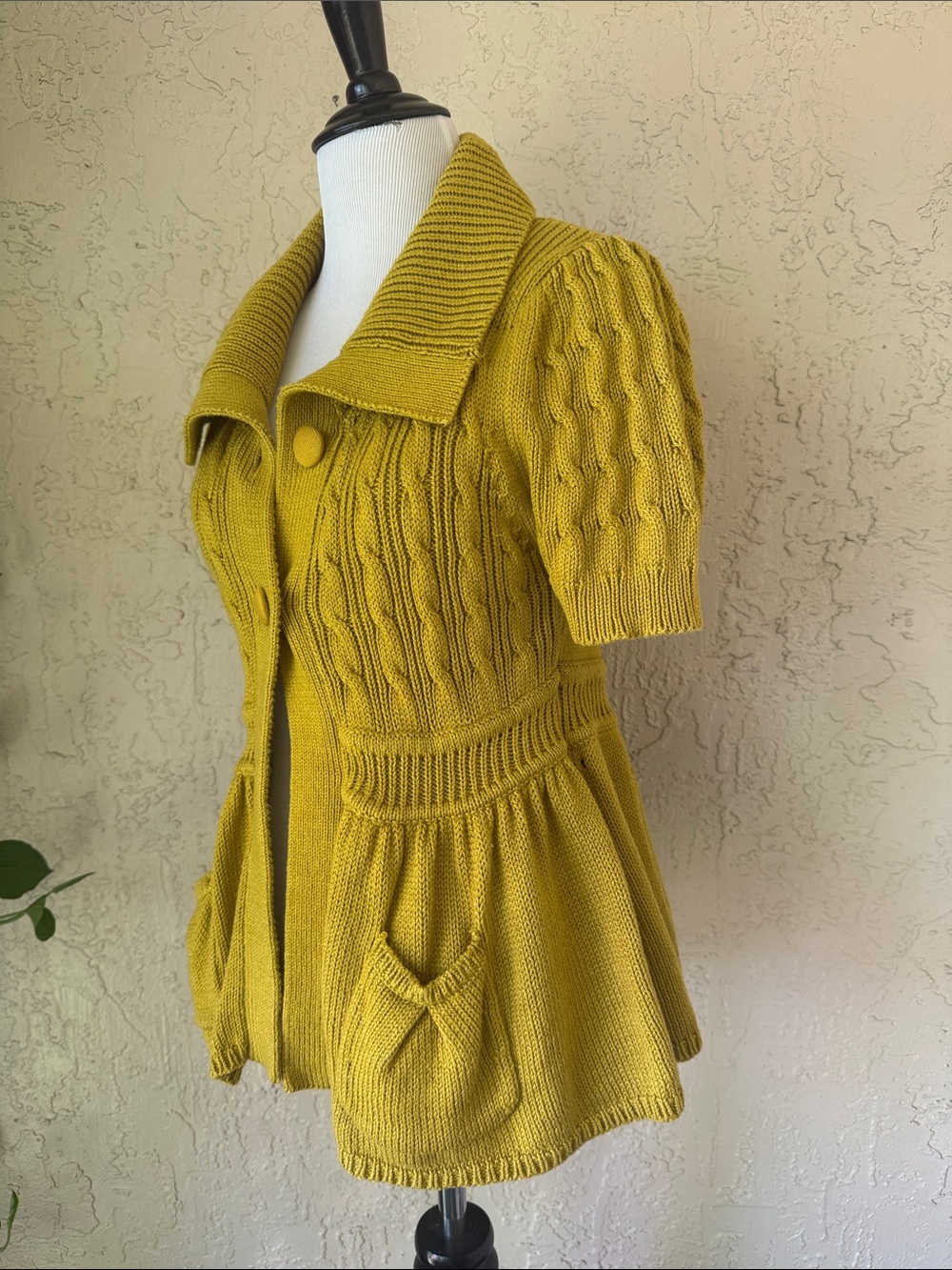 French Connection Mustard Short-Sleeve Knit Cardigan with Peplum Pockets - Picture 3 of 12